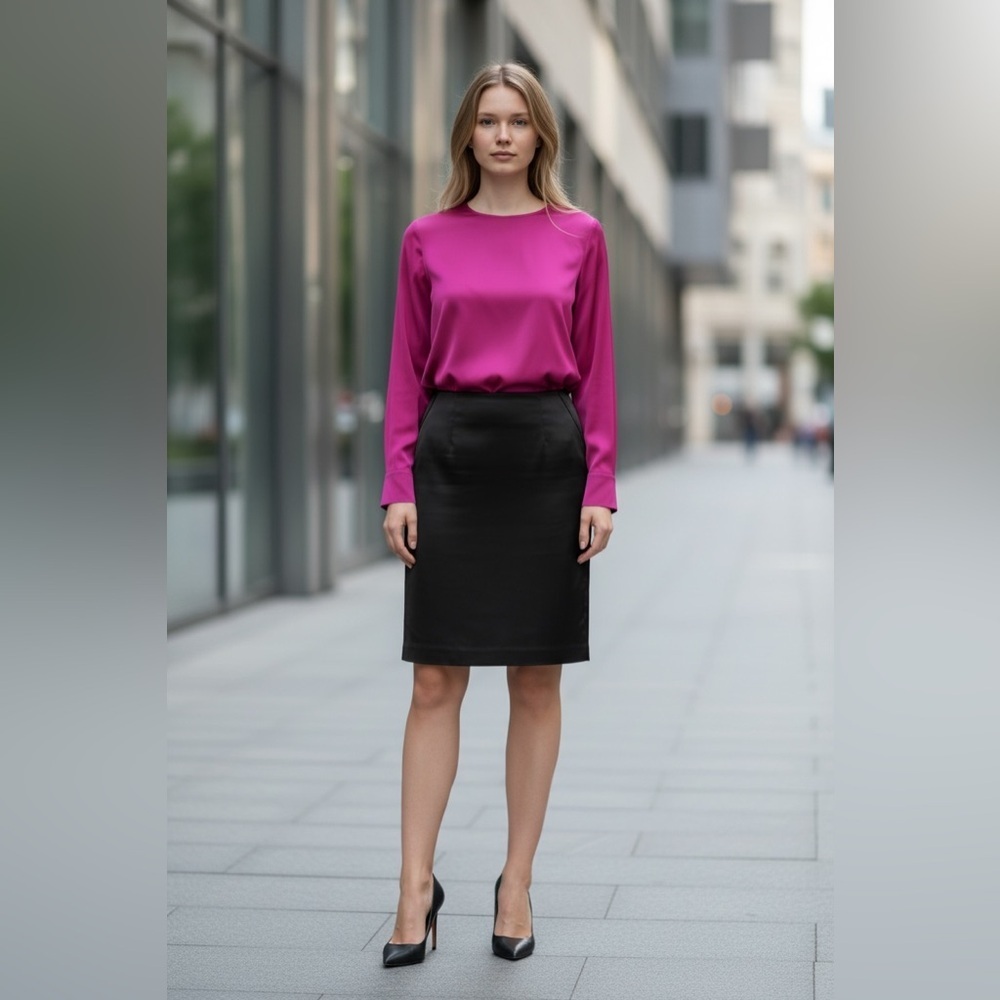 NEW, Le Château, Black Satin Pencil Skirt, Size 9/10, Elegant Work Office